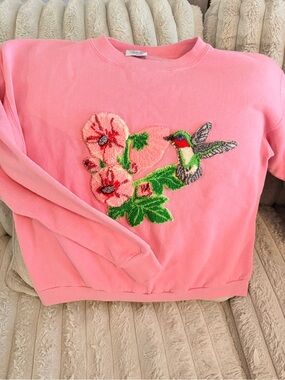 Pink Hummingbird Embroidered Sweatshirt - Women